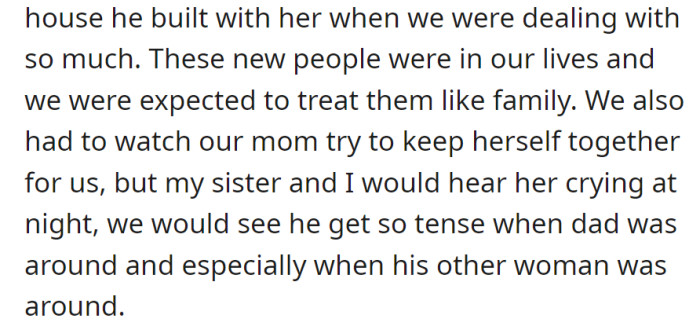 Amid family turmoil, they visited their dad's new home, grappling with acceptance. Their mom, despite a brave front, hid tears and tension around their father and his companion.
