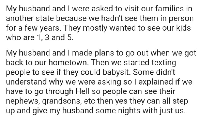 OP and her husband made plans to go out when they got back to their hometown