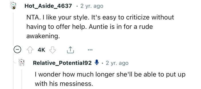 “NTA. I Like Your Style. It's Easy to Criticize Without Having to Offer Help.”