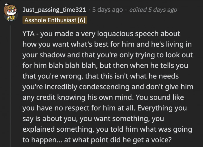 A rare case in the comments section was someone calling OP TA...