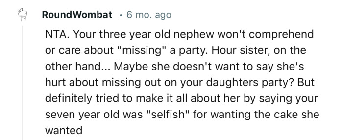 “NTA. Your three-year-old nephew won't comprehend or care about ‘missing’ a party.”
