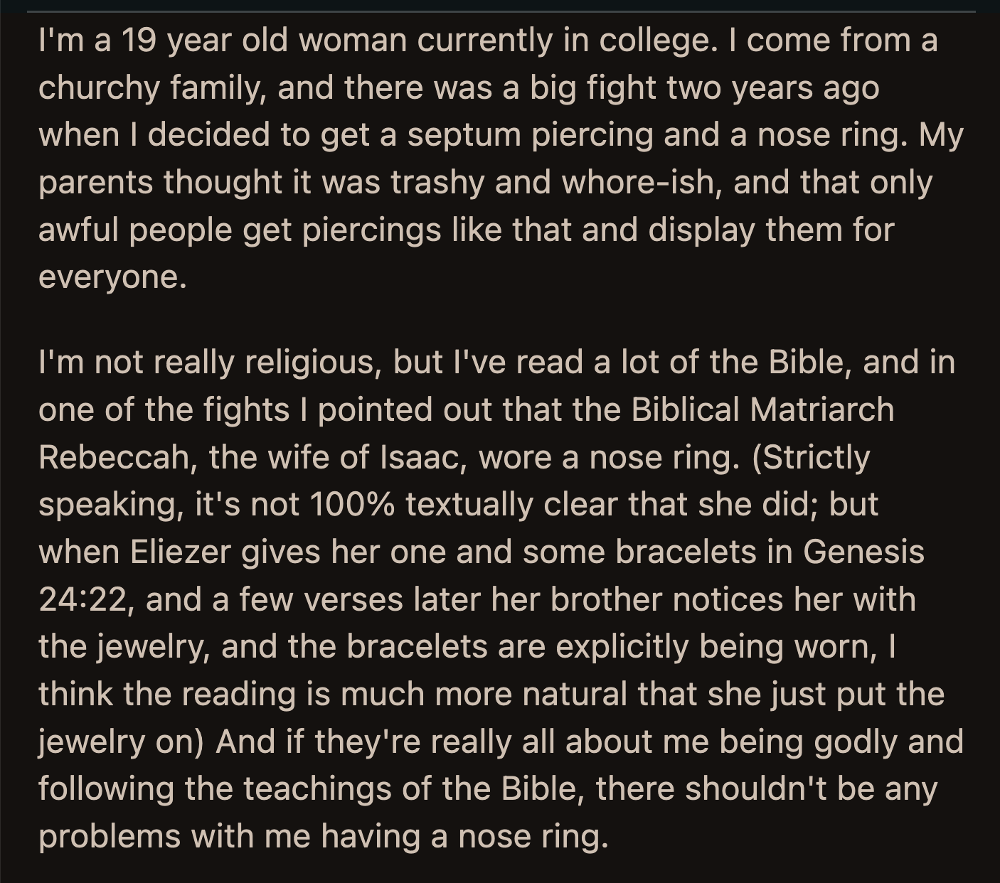He advised her to either reconcile with them or tell them she needed less contact instead of sending photos of Rebekah in conversations unrelated to her piercings.