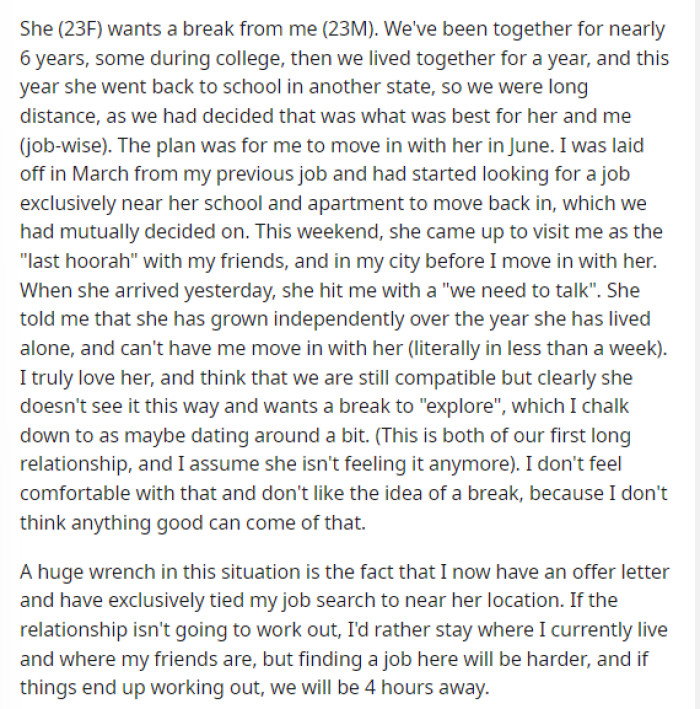 OP's post gives us some details about their relationship and then tells us a bit about how long they have been dating and how things are going now.