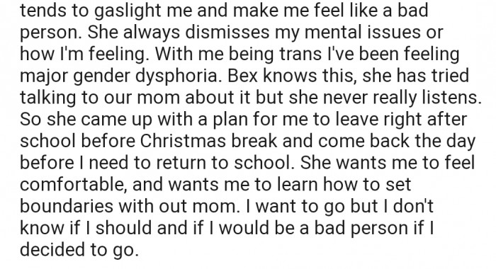 Consequently, OP's sister offered to house him for the Christmas break rather than allow him to spend the holiday with their mom