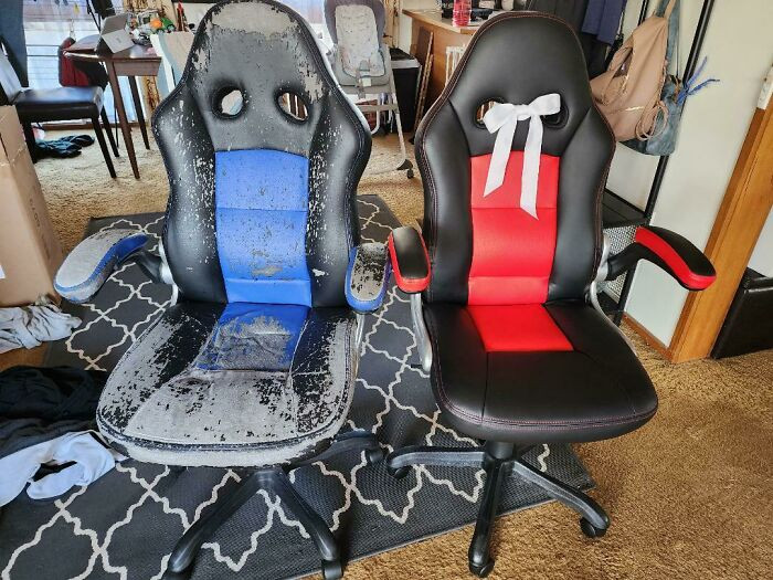 "My Husband's Decade-Old Computer Chair vs. New One The Same Model I Am Surprising Him With Tonight"