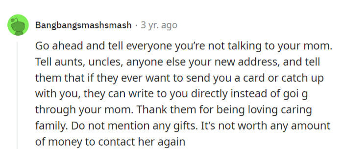 Time to break free and go direct with the relatives. The person's heart mailbox is open for love and cards, no mention of gifts—the priceless reward is avoiding contact with mom!