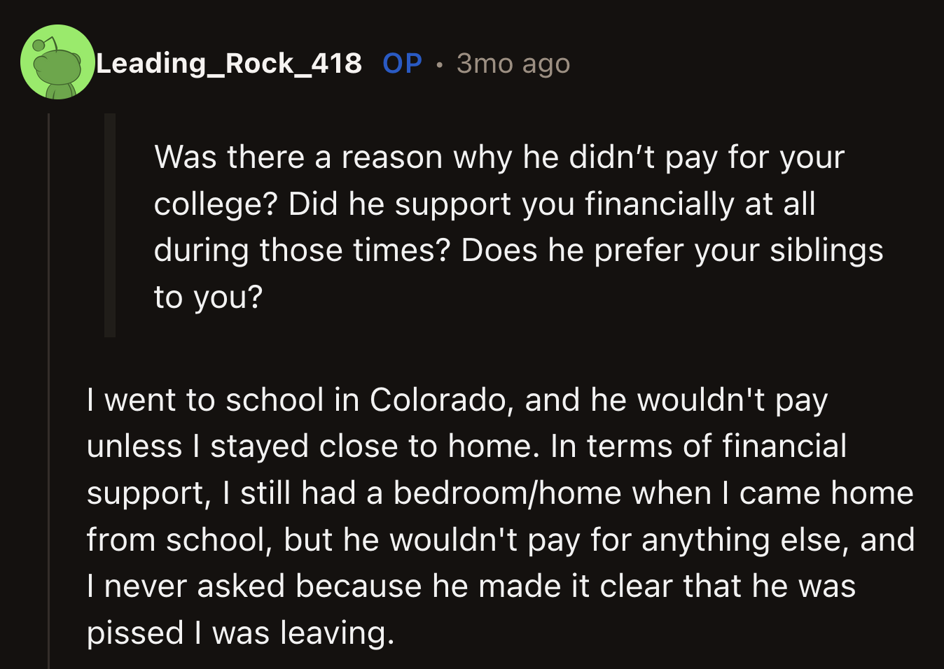 OP explained why his dad didn't pay for his college education when his siblings were fully funded.