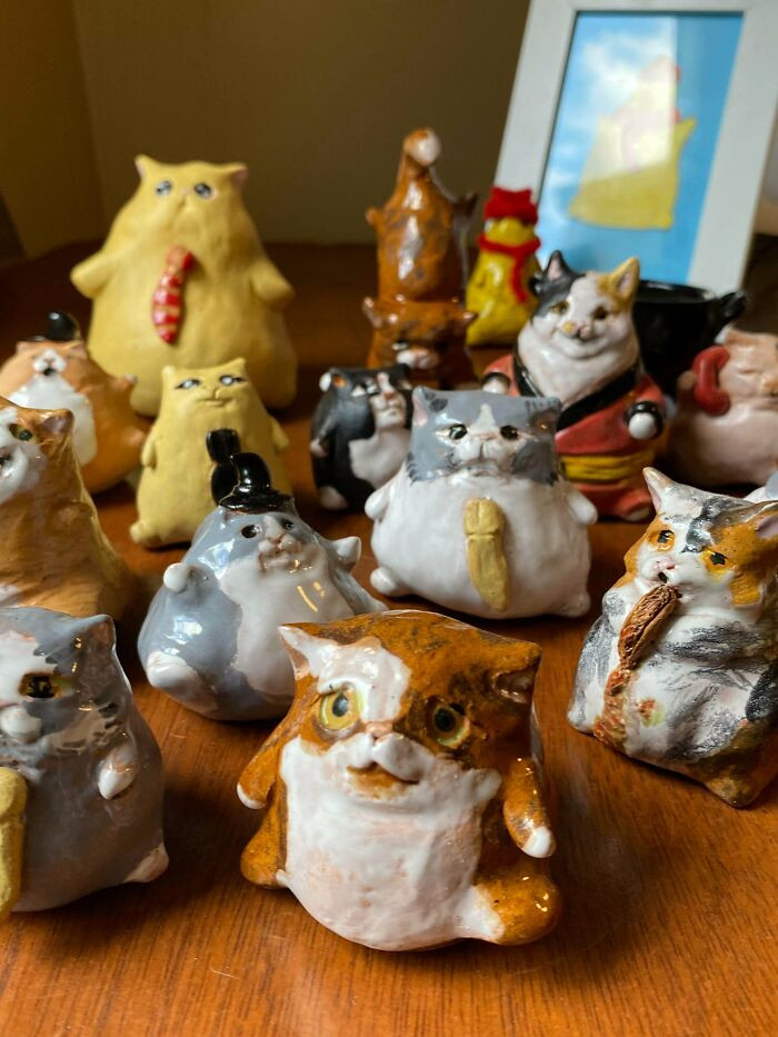 "Some Cats That Came Out Of The Oven Lately, I Make Them By Hand In My Pottery Workshop"