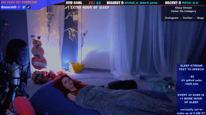 Amouranth during sleep streaming, promoting earnings from overnight viewer sessions