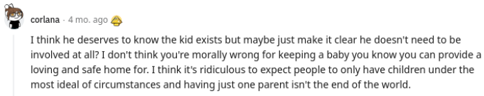 People began by offering a lot of advice, suggesting that she should at least inform him that she plans to keep the baby, but that he does not have to provide for it at all.