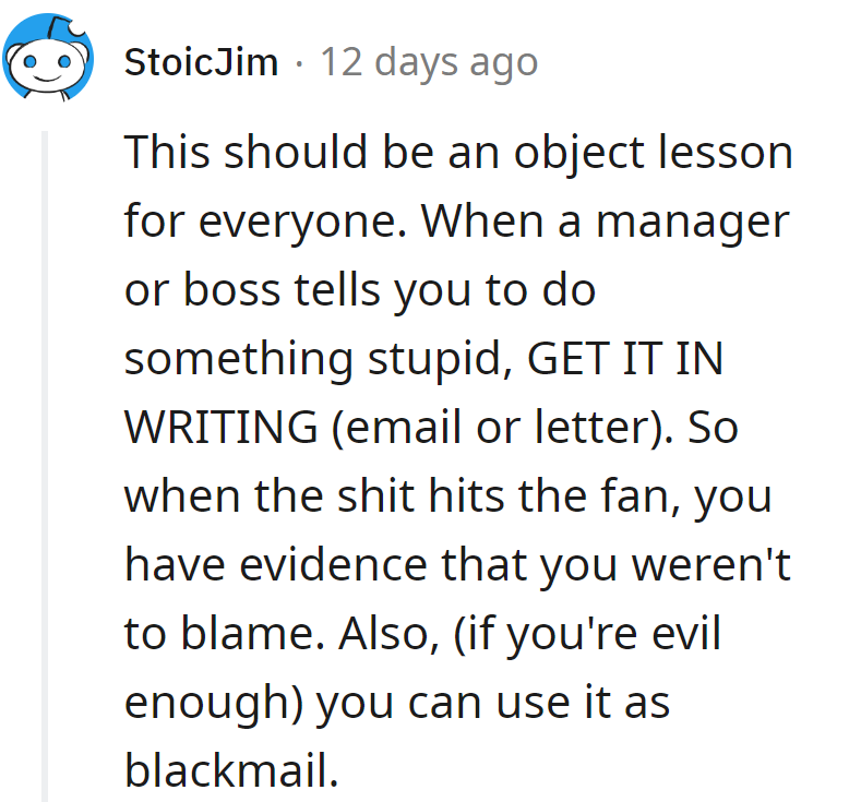 Boss's dumb idea? Get it in writing for blame immunity and, if feeling cheeky, future office drama leverage!
