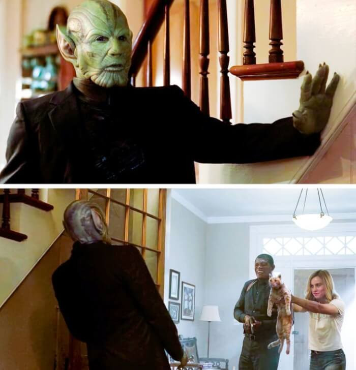 1. Captain Marvel threatens the Skrull with a cat when it shows up in her friend's home