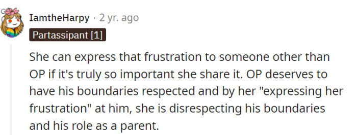 Sharing frustration is fine, but when it's served with a side of disrespect for boundaries, it's time for grandma to find a different conversation partner.