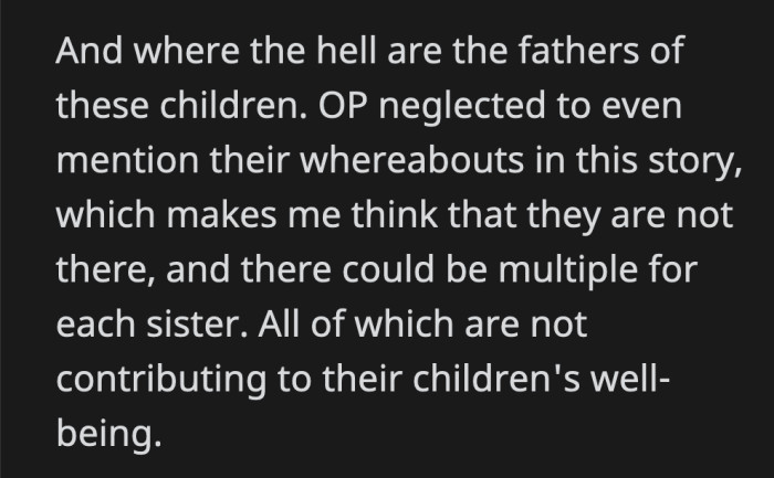 Not one mention of the fathers of the kids. Where are they and why aren't Lilith & Carly bothering them instead of OP?