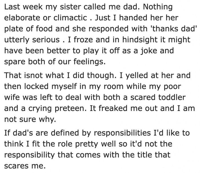 Out of the blue, the younger sister called the OP 'dad.'