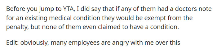 While offering an exemption for existing medical conditions with a doctor's note, none of the employees claimed such conditions, leading to widespread discontent.