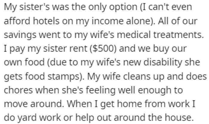 OP tries to support his sister as much as he can, both financially and with chores