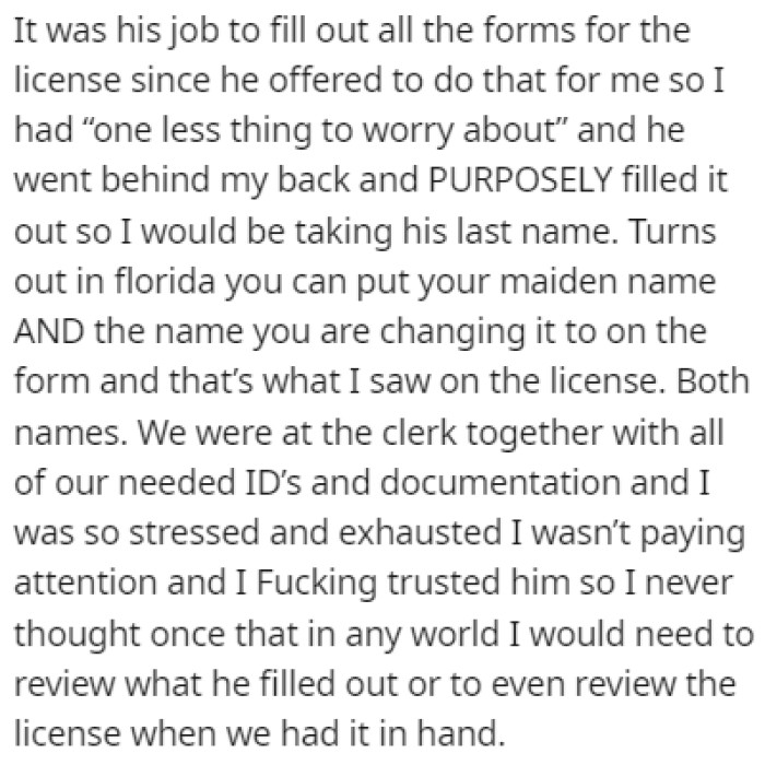 Fred tried to trick OP into changing her last name to his