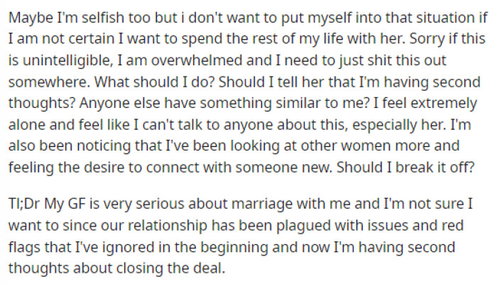 He addresses his concerns and seems pretty honest about how he feels and just how he feels pressured now to propose.