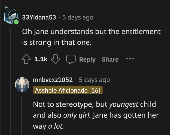It's safe to assume that Jane's entitlement stemmed from being a spoiled child.