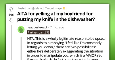 Redditor Gets Upset With Boyfriend After Discovering Their Expensive Professional Knife In The Dishwasher, Wonders If They Took It Too Far