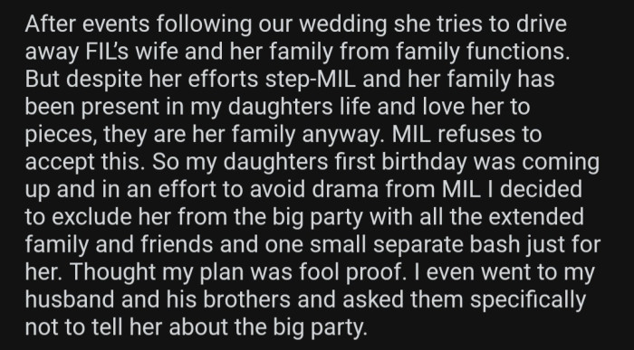 OP's MIL has been trying to drive her ex's wife and family away from family functions.