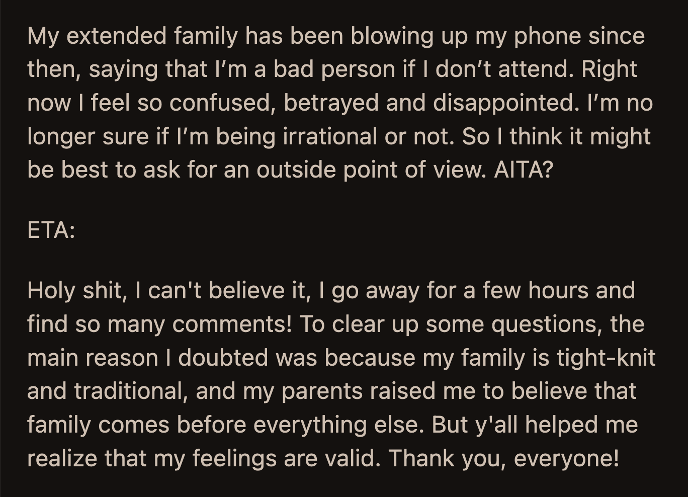 Her relatives heard about the conversation. They bombarded OP with messages accusing her of being a bad person for being unsupportive of Travis and Taylor's wedding.