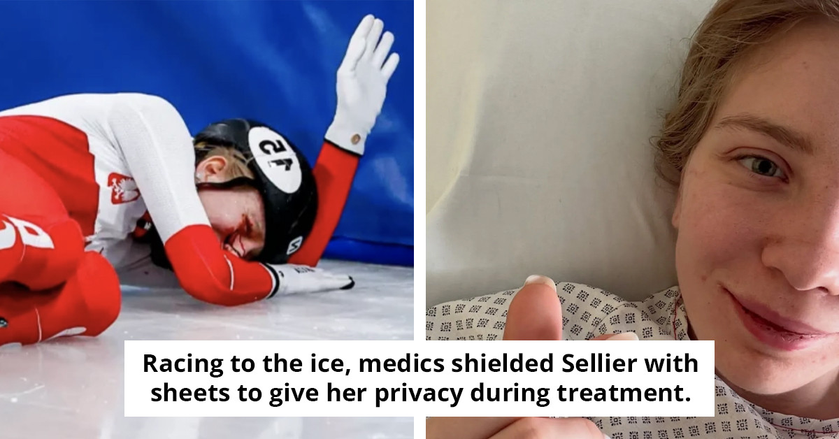 Olympic speed skater shares health update with a hospital selfie following an incident involving an opponent's blade.