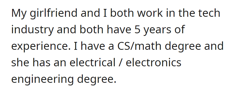 Tech couple, 5 years experience each: one in CS/math, the other in electrical engineering.