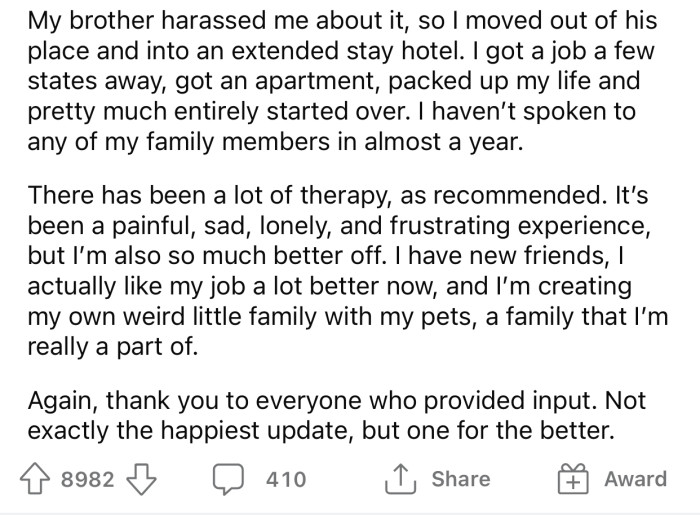 OP feels like her life is heading in the right direction now and thanked everyone for their input.
