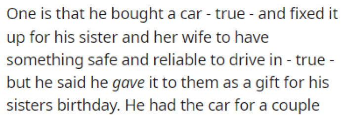 The boyfriend told OP that he bought a car and gifted it to his sister