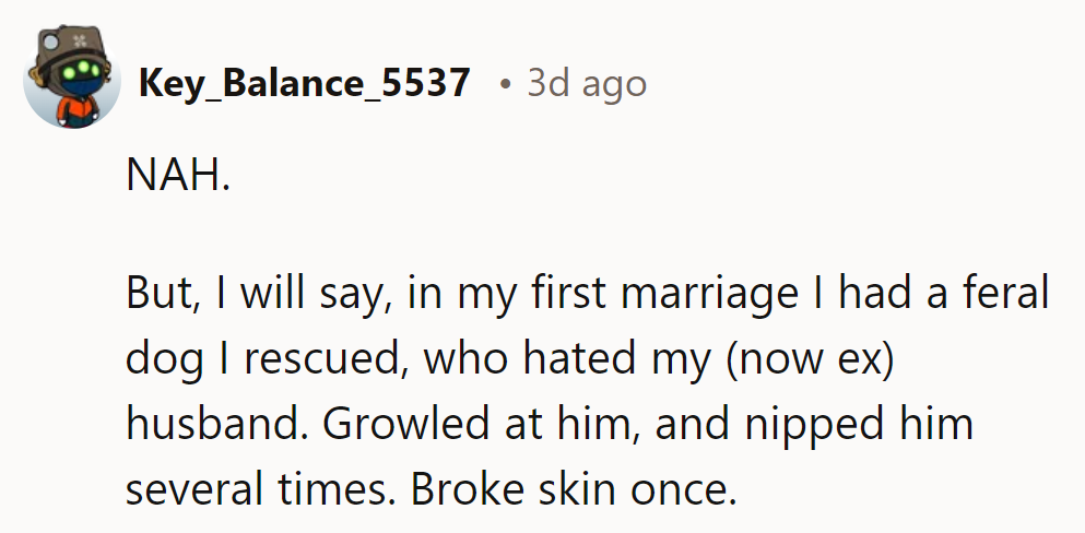 NAH. In his first marriage, his feral rescue dog growled and nipped at his now-ex husband.