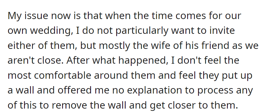 Uncomfortable After Being Excluded, OP Hesitates to Invite the Friend and His Wife to Their Own Wedding, Feeling a Barrier and Lack of Explanation.