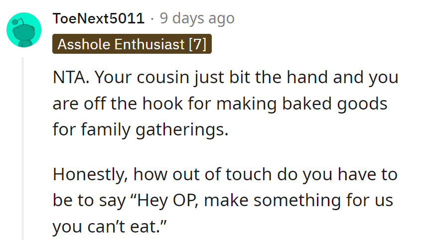 Cousin's got a taste for irony! NTA, and off the hook for baking drama.