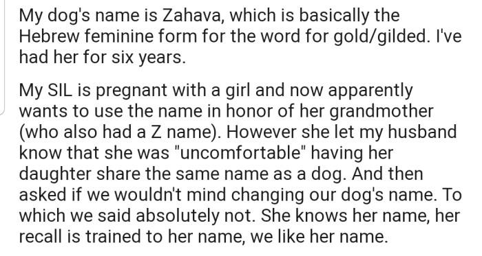OP's pregnant SIL has asked them to change their dog's name, as she wants to use the name for her incoming daughter