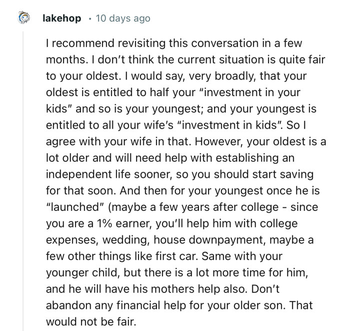 “I recommend revisiting this conversation in a few months. I don’t think the current situation is quite fair to your oldest.”