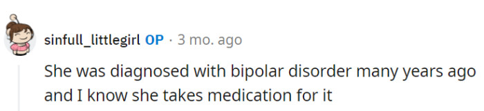 At least she's got a diagnosis for it.