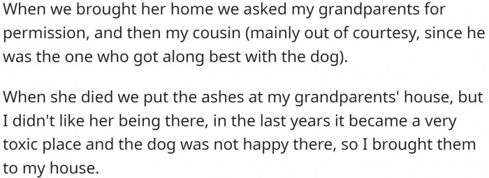 OP paid for the vet, cared for the dog, and cremated it after it died. They brought the urn with the ashes to their home.