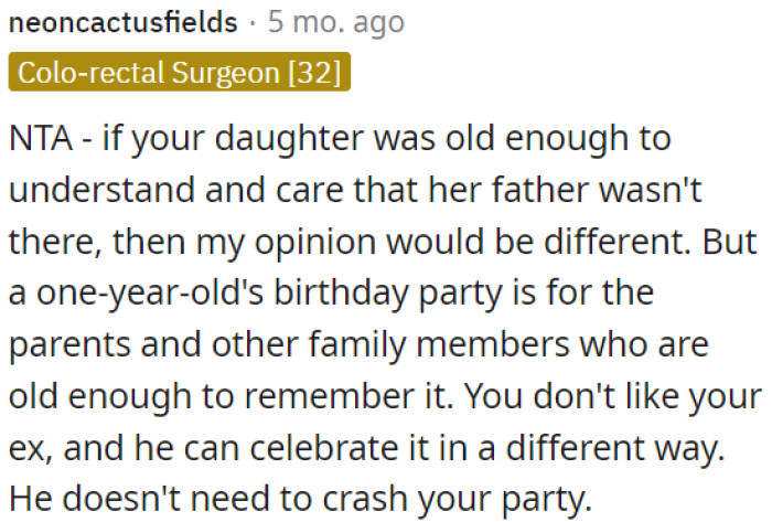 A one-year-old's birthday party is primarily for the parents and family who can remember it.
