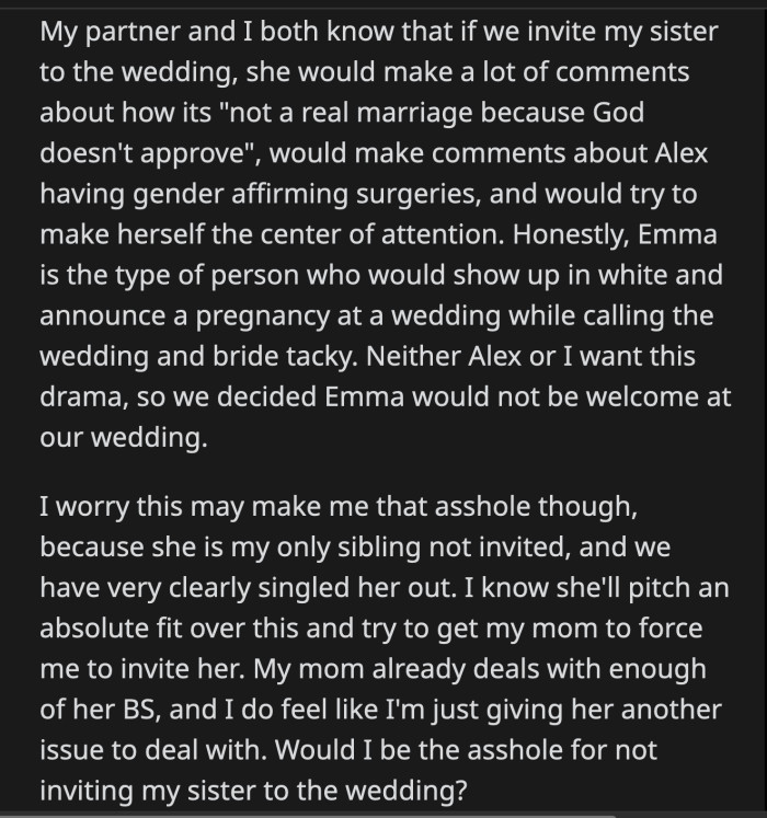 Would OP be a jerk if she doesn't invite her bigoted sister to her wedding?
