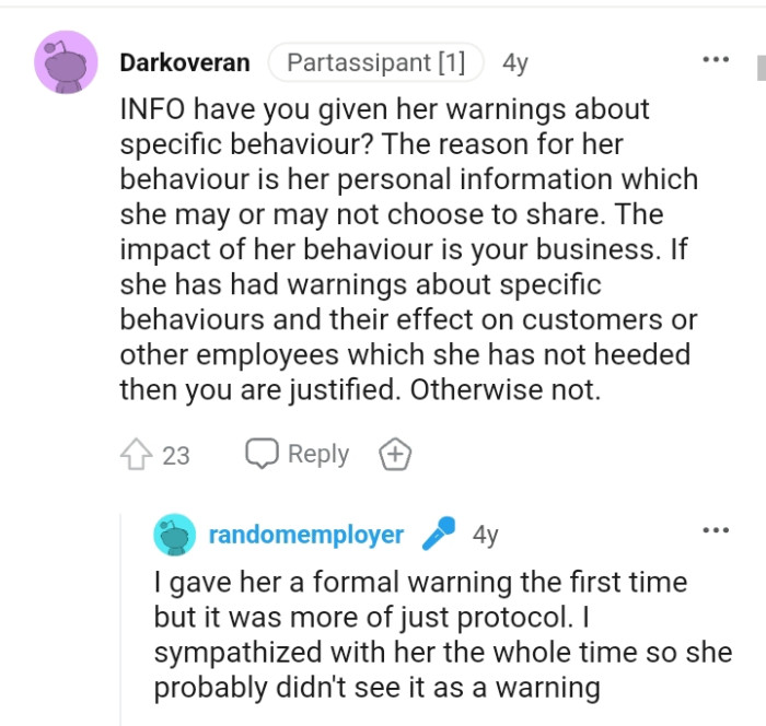 The impact of her behavior is the OP's business