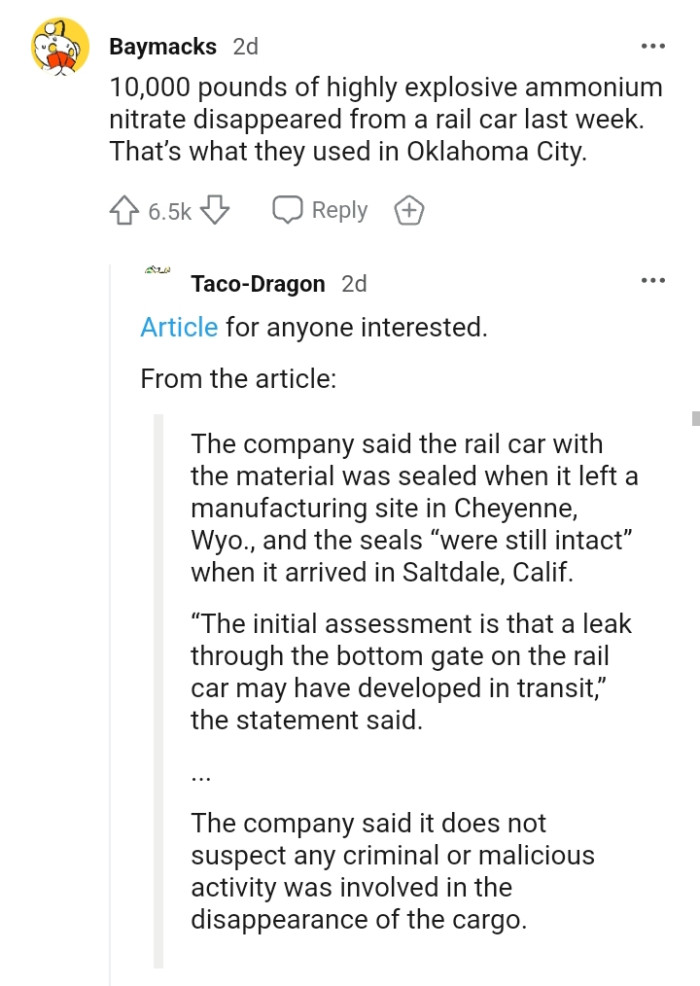 20. Highly explosive ammonium nitrate disappearing into thin air