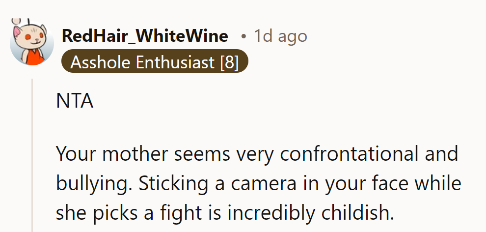 NTA. The mom’s camera stunt is pure drama—like a soap opera with no script or class.