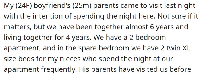 OP explained that she and her boyfriend live together in a two-bedroom apartment