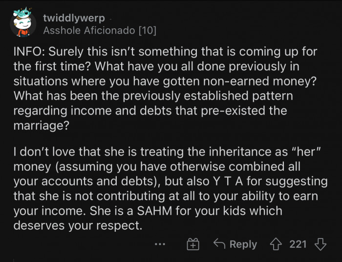 Everything is shared until one party becomes wealthier.