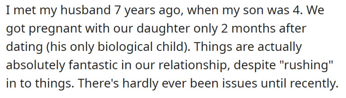 OP explained that her husband is not the biological father to her son, but things are going great between them