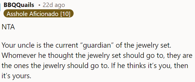OP's uncle has control over the jewelry set.