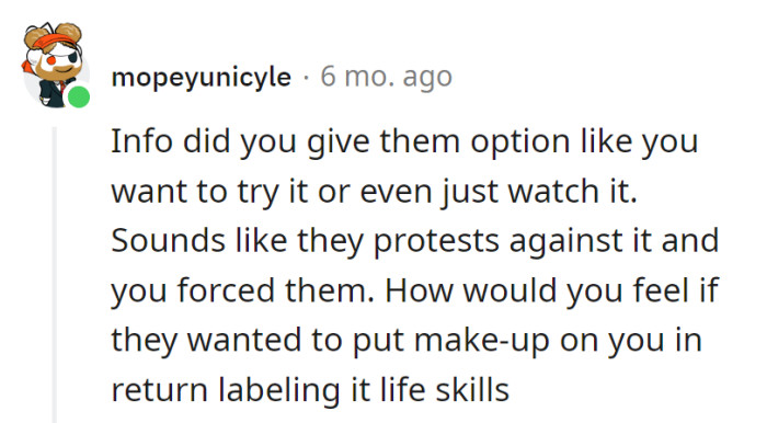 Next time, a choice between fish guts and makeup might be a more equitable life skills trade-off.
