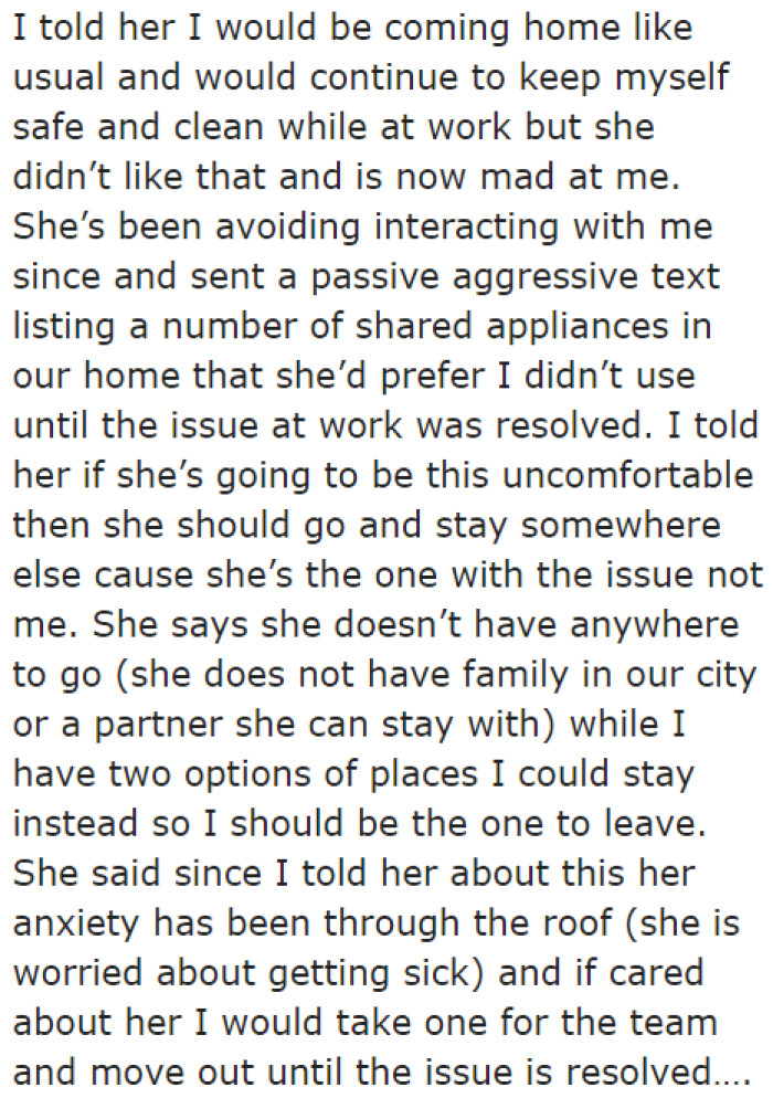 The OP Refuses to Move Out and Ensures That She'll Keep Herself Clean, but the Roommate Has Been Avoiding Her.