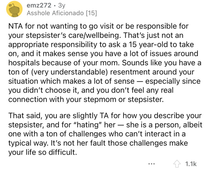 It's not the sister's fault she found herself in that state.